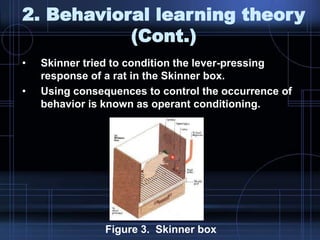 2. Behavioral learning theory
(Cont.)
• Skinner tried to condition the lever-pressing
response of a rat in the Skinner box.
• Using consequences to control the occurrence of
behavior is known as operant conditioning.
Figure 3. Skinner box
 