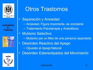 Otros Trastornos Separación y Ansiedad Ansiedad, Figura importante, es constante Tratamiento Psicoterapia y Ansioliticos Mutismo Selectivo Mutismo por un Mes de una persona capacitada Desórden Reactivo del Apego Opuesto al Apego Natural Desórden Estereotipados del Movimiento 