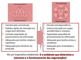 • Coordenação centralizada          •   Elevada interdependência
• Padrões rígidos de interação em   •   Intensa interação em cargos
  cargos bem definidos                  autodefinidos e mutáveis
• Limitada capacidade de            •   Capacidade expandida de
  processamento da informação           processamento da informação
• Adequada para tarefas simples e   •   Adequado para tarefas únicas e
  repetitivas                           complexas
• Adequação para eficiência da      •   Adequada para criatividade e
  produção                              inovação

    Há um imperativo ambiental: é o ambiente que determina a
         estrutura e o funcionamento das organizações!
 