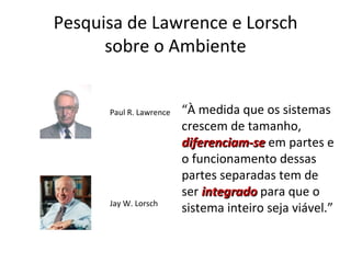 Pesquisa de Lawrence e Lorsch
      sobre o Ambiente


      Paul R. Lawrence   “À medida que os sistemas
                         crescem de tamanho,
                         diferenciam-se em partes e
                         o funcionamento dessas
                         partes separadas tem de
                         ser integrado para que o
      Jay W. Lorsch
                         sistema inteiro seja viável.”
 