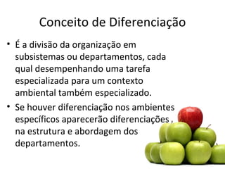 Conceito de Diferenciação
• É a divisão da organização em
  subsistemas ou departamentos, cada
  qual desempenhando uma tarefa
  especializada para um contexto
  ambiental também especializado.
• Se houver diferenciação nos ambientes
  específicos aparecerão diferenciações
  na estrutura e abordagem dos
  departamentos.
 