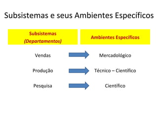 Subsistemas e seus Ambientes Específicos
       Subsistemas
                       Ambientes Específicos
     (Departamentos)

         Vendas           Mercadológico

        Produção        Técnico – Científico

        Pesquisa             Científico
 
