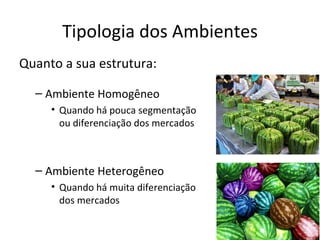Tipologia dos Ambientes
Quanto a sua estrutura:

  – Ambiente Homogêneo
     • Quando há pouca segmentação
       ou diferenciação dos mercados



  – Ambiente Heterogêneo
     • Quando há muita diferenciação
       dos mercados
 