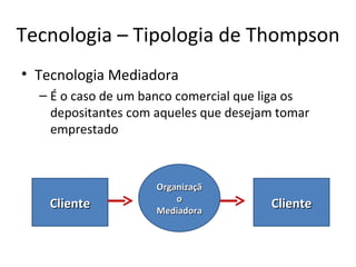 Tecnologia – Tipologia de Thompson
• Tecnologia Mediadora
  – É o caso de um banco comercial que liga os
    depositantes com aqueles que desejam tomar
    emprestado



                     Organizaçã
                         o
    Cliente          Mediadora
                                       Cliente
 