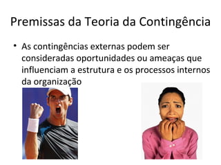 Premissas da Teoria da Contingência
• As contingências externas podem ser
  consideradas oportunidades ou ameaças que
  influenciam a estrutura e os processos internos
  da organização
 