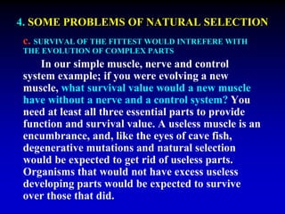 4. SOME PROBLEMS OF NATURAL SELECTION 
c. SURVIVAL OF THE FITTEST WOULD INTREFERE WITH 
THE EVOLUTION OF COMPLEX PARTS 
In our simple muscle, nerve and control 
system example; if you were evolving a new 
muscle, what survival value would a new muscle 
have without a nerve and a control system? You 
need at least all three essential parts to provide 
function and survival value. A useless muscle is an 
encumbrance, and, like the eyes of cave fish, 
degenerative mutations and natural selection 
would be expected to get rid of useless parts. 
Organisms that would not have excess useless 
developing parts would be expected to survive 
over those that did. 
 