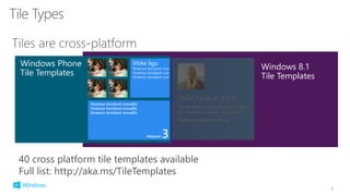 6
40 cross platform tile templates available
Full list: http://aka.ms/TileTemplates
Windows 8.1
Tile Templates
Windows Phone
Tile Templates
 