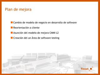 Plan de mejora Cambio de modelo de negocio en desarrollo de software Reorientación a cliente Asunción del modelo de mejora CMMI L2 Creación del un Área de software testing 