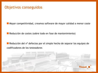 Objetivos conseguidos Mayor competitividad, creamos software de mayor calidad a menor coste Reducción de costes (sobre todo en fase de mantenimiento) Reducción del nº defectos por el simple hecho de separar los equipos de codificadores de los testeadores 