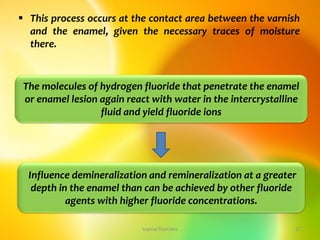  This process occurs at the contact area between the varnish
and the enamel, given the necessary traces of moisture
there.
topical fluorides 27
The molecules of hydrogen fluoride that penetrate the enamel
or enamel lesion again react with water in the intercrystalline
fluid and yield fluoride ions
Influence demineralization and remineralization at a greater
depth in the enamel than can be achieved by other fluoride
agents with higher fluoride concentrations.
 