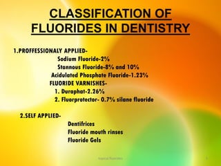CLASSIFICATION OF
FLUORIDES IN DENTISTRY
topical fluorides 5
1.PROFFESSIONALY APPLIED-
Sodium Fluoride-2%
Stannous Fluoride-8% and 10%
Acidulated Phosphate Fluoride-1.23%
FLUORIDE VARNISHES-
1. Duraphat-2.26%
2. Fluorprotector- 0.7% silane fluoride
2.SELF APPLIED-
Dentifrices
Fluoride mouth rinses
Fluoride Gels
 