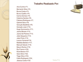 Trabalho Realizado Por:
Ana Cunha nº1;
Bernardo Silva nº2;
Bruna Costa nº3;
Bruno Coelho nº4;
Carina Gomes nº5;
Catarina Santos nº6;
Fabiana Rodrigues nº7;
Gabriel Silva nº8;
Gonçalo Batalhão nº9;
Gonçalo José nº10;
Hugo Soromenho nº11;
Joana Morais nº12;
Joana Sá Pereira nº13;
João Sequeira nº14;
João Pinto nº15;
Leonor Ferreiranº16;
Mafalda Bártolo nº17;
Manuel Veludo nº18;
Mauro Rocha nº19;
Rui Franco nº20;
Rute Bessa nº21;
Sara Silva nº22;
Tiago Silva nº23;
Cátia Rodrigues nº24;
Jéssica Costa nº25 Turma 7º C
 