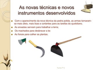 As novas técnicas e novos
instrumentos desenvolvidos
Com o aparecimento da nova técnica da pedra polida, as armas tornaram-
se mais úteis, mais lisas e cortantes para as tarefas do quotidiano.
As enxadas serviam para trabalhar a terra;
Os machados para desbravar a terra;
As foices para colher as plantas.
Turma 7º C
 
