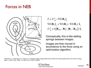 Forces in NEB
Conceptually, this is like adding
springs between images.
Images are then moved in
accordance to the force using an
optimization algorithm.
NANO266
7
Fi = Fi
s
||
− ∇E(Ri ) ⊥
∇E(Ri ) ⊥
= ∇E(Ri )− ∇E(Ri )⋅ ˆti
Fi
s
||
= k Ri+1 − Ri − Ri − Ri-1( )⋅ ˆti
Henkelman, G.; Uberuaga, B. P.; Jónsson, H. A climbing image nudged elastic band method for finding saddle points and minimum energy
paths, J. Chem. Phys., 2000, 113, 9901, doi:10.1063/1.1329672.
 