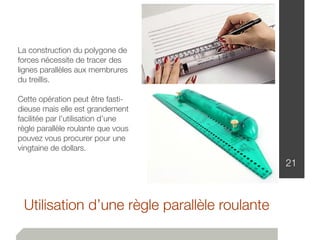 Utilisation d’une règle parallèle roulante
21
La construction du polygone de
forces nécessite de tracer des
lignes parallèles aux membrures
du treillis.
Cette opération peut être fasti-
dieuse mais elle est grandement
facilitée par l’utilisation d’une
règle parallèle roulante que vous
pouvez vous procurer pour une
vingtaine de dollars.
 