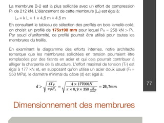 Dimensionnement des membrures
77
La membrure B-2 est la plus sollicitée avec un effort de compression
PF de 212 kN. L'élancement de cette membrure (Le) est égal à:
Le = k L = 1 × 4,5 m = 4,5 m
En consultant le tableau de sélection des proﬁlés en bois lamellé-collé,
on choisit un proﬁlé de 175x190 mm pour lequel PR = 258 kN > PF.
Par souci d'uniformité, ce proﬁlé pourrait être utilisé pour toutes les
membrures du treillis.
En examinant le diagramme des efforts internes, notre architecte
remarque que les membrures sollicitées en tension pourraient être
remplacées par des tirants en acier et qui cela pourrait contribuer à
alléger la charpente de la structure. L'effort maximal de tension (TF) est
égal à 177 kN et, en supposant qu'on utilise un acier doux usuel (Ft =
350 MPa), le diamètre minimal du câble (d) est égal à:
 