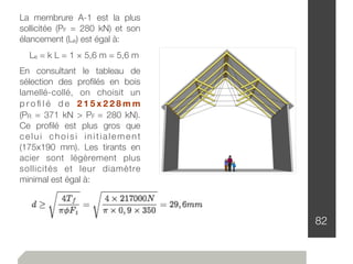 82
La membrure A-1 est la plus
sollicitée (PF = 280 kN) et son
élancement (Le) est égal à:
Le = k L = 1 × 5,6 m = 5,6 m
En consultant le tableau de
sélection des proﬁlés en bois
lamellé-collé, on choisit un
p r o ﬁ l é d e 2 1 5 x 2 2 8 m m
(PR = 371 kN > PF = 280 kN).
Ce proﬁlé est plus gros que
celui choisi initialement
(175x190 mm). Les tirants en
acier sont légèrement plus
sollicités et leur diamètre
minimal est égal à:
 