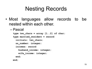 19
Nesting Records
• Most languages allow records to be
nested within each other.
– Pascal
type two_chars = array [1..2] of char;
type married_resident = record
initials: two_chars;
ss_number: integer;
incomes: record
husband_income: integer;
wife_income: integer;
end;
end;
 
