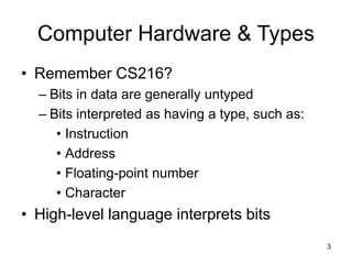 3
Computer Hardware & Types
• Remember CS216?
– Bits in data are generally untyped
– Bits interpreted as having a type, such as:
• Instruction
• Address
• Floating-point number
• Character
• High-level language interprets bits
 