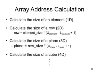 38
Array Address Calculation
• Calculate the size of an element (1D)
• Calculate the size of a row (2D)
– row = element_size * (Uelement - Lelement + 1)
• Calculate the size of a plane (3D)
– plane = row_size * (Urows - Lrows + 1)
• Calculate the size of a cube (4D)
:
:
 