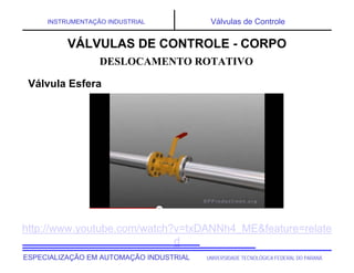 UNIVERSIDADE TECNOLÓGICA FEDERAL DO PARANÁESPECIALIZAÇÃO EM AUTOMAÇÃO INDUSTRIAL
INSTRUMENTAÇÃO INDUSTRIAL Válvulas de Controle
DESLOCAMENTO ROTATIVO
VÁLVULAS DE CONTROLE - CORPO
Válvula Esfera
http://www.youtube.com/watch?v=txDANNh4_ME&feature=relate
d
 