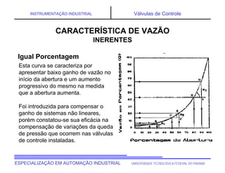 UNIVERSIDADE TECNOLÓGICA FEDERAL DO PARANÁESPECIALIZAÇÃO EM AUTOMAÇÃO INDUSTRIAL
INSTRUMENTAÇÃO INDUSTRIAL Válvulas de Controle
Esta curva se caracteriza por
apresentar baixo ganho de vazão no
início da abertura e um aumento
progressivo do mesmo na medida
que a abertura aumenta.
Foi introduzida para compensar o
ganho de sistemas não lineares,
porém constatou-se sua eficácia na
compensação de variações da queda
de pressão que ocorrem nas válvulas
de controle instaladas.
CARACTERÍSTICA DE VAZÃO
INERENTES
Igual Porcentagem
 