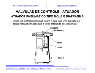 UNIVERSIDADE TECNOLÓGICA FEDERAL DO PARANÁESPECIALIZAÇÃO EM AUTOMAÇÃO INDUSTRIAL
INSTRUMENTAÇÃO INDUSTRIAL Válvulas de Controle
• Utiliza um diafragma flexível, sobre o qual age uma pressão de
carga variável em oposição à força produzida por uma mola.
ATUADOR PNEUMÁTICO TIPO MOLA E DIAFRAGMA
CABEÇOTE
MEMBRANA
PRATO
MOLA
CORPO
VÁLVULAS DE CONTROLE - ATUADOR
 