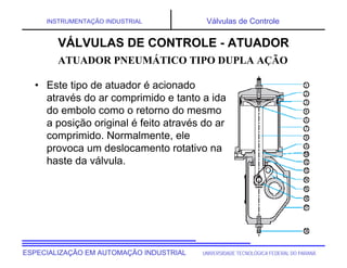 UNIVERSIDADE TECNOLÓGICA FEDERAL DO PARANÁESPECIALIZAÇÃO EM AUTOMAÇÃO INDUSTRIAL
INSTRUMENTAÇÃO INDUSTRIAL Válvulas de Controle
• Este tipo de atuador é acionado
através do ar comprimido e tanto a ida
do embolo como o retorno do mesmo
a posição original é feito através do ar
comprimido. Normalmente, ele
provoca um deslocamento rotativo na
haste da válvula.
VÁLVULAS DE CONTROLE - ATUADOR
ATUADOR PNEUMÁTICO TIPO DUPLA AÇÃO
 