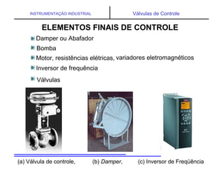 UNIVERSIDADE TECNOLÓGICA FEDERAL DO PARANÁESPECIALIZAÇÃO EM AUTOMAÇÃO INDUSTRIAL
INSTRUMENTAÇÃO INDUSTRIAL Válvulas de Controle
ELEMENTOS FINAIS DE CONTROLE
Damper ou Abafador
Bomba
Motor, resistências elétricas, variadores eletromagnéticos
Inversor de frequência
Válvulas
(a) Válvula de controle, (b) Damper, (c) Inversor de Freqüência
 