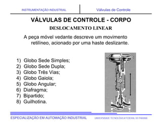 UNIVERSIDADE TECNOLÓGICA FEDERAL DO PARANÁESPECIALIZAÇÃO EM AUTOMAÇÃO INDUSTRIAL
INSTRUMENTAÇÃO INDUSTRIAL Válvulas de Controle
A peça móvel vedante descreve um movimento
retilíneo, acionado por uma haste deslizante.
1) Globo Sede Simples;
2) Globo Sede Dupla;
3) Globo Três Vias;
4) Globo Gaiola;
5) Globo Angular;
6) Diafragma;
7) Bipartido;
8) Guilhotina.
VÁLVULAS DE CONTROLE - CORPO
DESLOCAMENTO LINEAR
 