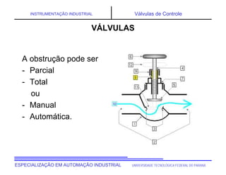 UNIVERSIDADE TECNOLÓGICA FEDERAL DO PARANÁESPECIALIZAÇÃO EM AUTOMAÇÃO INDUSTRIAL
INSTRUMENTAÇÃO INDUSTRIAL Válvulas de Controle
A obstrução pode ser
- Parcial
- Total
ou
- Manual
- Automática.
VÁLVULAS
 
