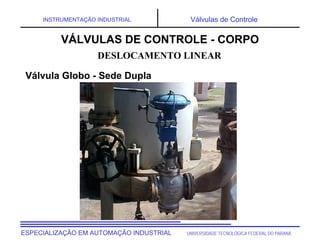 UNIVERSIDADE TECNOLÓGICA FEDERAL DO PARANÁESPECIALIZAÇÃO EM AUTOMAÇÃO INDUSTRIAL
INSTRUMENTAÇÃO INDUSTRIAL Válvulas de Controle
DESLOCAMENTO LINEAR
VÁLVULAS DE CONTROLE - CORPO
Válvula Globo - Sede Dupla
 