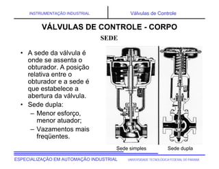UNIVERSIDADE TECNOLÓGICA FEDERAL DO PARANÁESPECIALIZAÇÃO EM AUTOMAÇÃO INDUSTRIAL
INSTRUMENTAÇÃO INDUSTRIAL Válvulas de Controle
Sede simples Sede dupla
• A sede da válvula é
onde se assenta o
obturador. A posição
relativa entre o
obturador e a sede é
que estabelece a
abertura da válvula.
• Sede dupla:
– Menor esforço,
menor atuador;
– Vazamentos mais
freqüentes.
SEDE
VÁLVULAS DE CONTROLE - CORPO
 