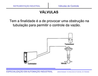 UNIVERSIDADE TECNOLÓGICA FEDERAL DO PARANÁESPECIALIZAÇÃO EM AUTOMAÇÃO INDUSTRIAL
INSTRUMENTAÇÃO INDUSTRIAL Válvulas de Controle
Tem a finalidade é a de provocar uma obstrução na
tubulação para permitir o controle da vazão.
VÁLVULAS
 