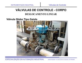 UNIVERSIDADE TECNOLÓGICA FEDERAL DO PARANÁESPECIALIZAÇÃO EM AUTOMAÇÃO INDUSTRIAL
INSTRUMENTAÇÃO INDUSTRIAL Válvulas de Controle
DESLOCAMENTO LINEAR
VÁLVULAS DE CONTROLE - CORPO
Válvula Globo Tipo Gaiola
 