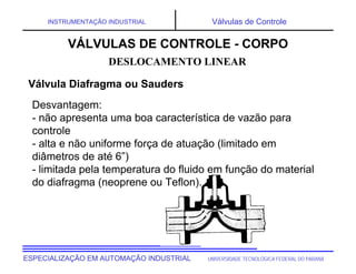 UNIVERSIDADE TECNOLÓGICA FEDERAL DO PARANÁESPECIALIZAÇÃO EM AUTOMAÇÃO INDUSTRIAL
INSTRUMENTAÇÃO INDUSTRIAL Válvulas de Controle
Desvantagem:
- não apresenta uma boa característica de vazão para
controle
- alta e não uniforme força de atuação (limitado em
diâmetros de até 6”)
- limitada pela temperatura do fluido em função do material
do diafragma (neoprene ou Teflon).
DESLOCAMENTO LINEAR
VÁLVULAS DE CONTROLE - CORPO
Válvula Diafragma ou Sauders
 