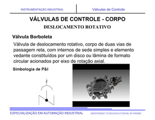 UNIVERSIDADE TECNOLÓGICA FEDERAL DO PARANÁESPECIALIZAÇÃO EM AUTOMAÇÃO INDUSTRIAL
INSTRUMENTAÇÃO INDUSTRIAL Válvulas de Controle
Válvula de deslocamento rotativo, corpo de duas vias de
passagem reta, com internos de sede simples e elemento
vedante constituídos por um disco ou lâmina de formato
circular acionados por eixo de rotação axial.
DESLOCAMENTO ROTATIVO
VÁLVULAS DE CONTROLE - CORPO
Válvula Borboleta
 