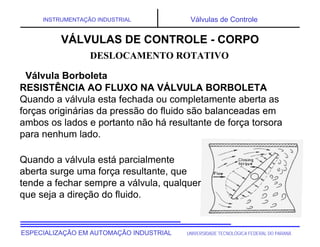 UNIVERSIDADE TECNOLÓGICA FEDERAL DO PARANÁESPECIALIZAÇÃO EM AUTOMAÇÃO INDUSTRIAL
INSTRUMENTAÇÃO INDUSTRIAL Válvulas de Controle
RESISTÊNCIA AO FLUXO NA VÁLVULA BORBOLETA
Quando a válvula esta fechada ou completamente aberta as
forças originárias da pressão do fluido são balanceadas em
ambos os lados e portanto não há resultante de força torsora
para nenhum lado.
DESLOCAMENTO ROTATIVO
VÁLVULAS DE CONTROLE - CORPO
Válvula Borboleta
Quando a válvula está parcialmente
aberta surge uma força resultante, que
tende a fechar sempre a válvula, qualquer
que seja a direção do fluido.
 