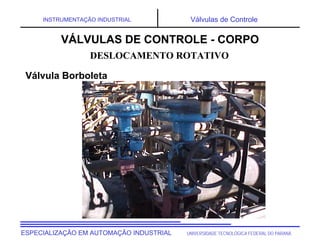 UNIVERSIDADE TECNOLÓGICA FEDERAL DO PARANÁESPECIALIZAÇÃO EM AUTOMAÇÃO INDUSTRIAL
INSTRUMENTAÇÃO INDUSTRIAL Válvulas de Controle
DESLOCAMENTO ROTATIVO
VÁLVULAS DE CONTROLE - CORPO
Válvula Borboleta
 