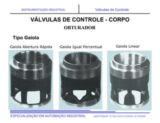 UNIVERSIDADE TECNOLÓGICA FEDERAL DO PARANÁESPECIALIZAÇÃO EM AUTOMAÇÃO INDUSTRIAL
INSTRUMENTAÇÃO INDUSTRIAL Válvulas de Controle
Gaiola Abertura Rápida Gaiola Igual Percentual Gaiola Linear
OBTURADOR
VÁLVULAS DE CONTROLE - CORPO
Tipo Gaiola
 