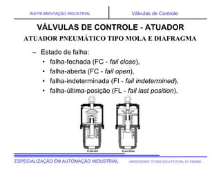 UNIVERSIDADE TECNOLÓGICA FEDERAL DO PARANÁESPECIALIZAÇÃO EM AUTOMAÇÃO INDUSTRIAL
INSTRUMENTAÇÃO INDUSTRIAL Válvulas de Controle
– Estado de falha:
• falha-fechada (FC - fail close),
• falha-aberta (FC - fail open),
• falha-indeterminada (FI - fail indetermined),
• falha-última-posição (FL - fail last position).
VÁLVULAS DE CONTROLE - ATUADOR
ATUADOR PNEUMÁTICO TIPO MOLA E DIAFRAGMA
 