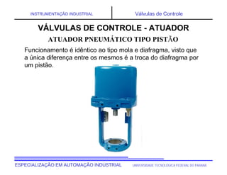 UNIVERSIDADE TECNOLÓGICA FEDERAL DO PARANÁESPECIALIZAÇÃO EM AUTOMAÇÃO INDUSTRIAL
INSTRUMENTAÇÃO INDUSTRIAL Válvulas de Controle
Funcionamento é idêntico ao tipo mola e diafragma, visto que
a única diferença entre os mesmos é a troca do diafragma por
um pistão.
VÁLVULAS DE CONTROLE - ATUADOR
ATUADOR PNEUMÁTICO TIPO PISTÃO
 