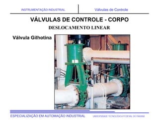 UNIVERSIDADE TECNOLÓGICA FEDERAL DO PARANÁESPECIALIZAÇÃO EM AUTOMAÇÃO INDUSTRIAL
INSTRUMENTAÇÃO INDUSTRIAL Válvulas de Controle
DESLOCAMENTO LINEAR
VÁLVULAS DE CONTROLE - CORPO
Válvula Gilhotina
 