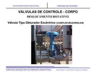 UNIVERSIDADE TECNOLÓGICA FEDERAL DO PARANÁ
ESPECIALIZAÇÃO EM AUTOMAÇÃO INDUSTRIAL
INSTRUMENTAÇÃO INDUSTRIAL Válvulas de Controle
DESLOCAMENTO ROTATIVO
Válvula Tipo Obturador Excêntrico (CAMFLEX-MASONEILAN)
VÁLVULAS DE CONTROLE - CORPO
 