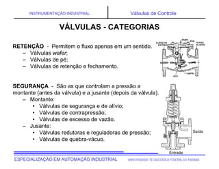 UNIVERSIDADE TECNOLÓGICA FEDERAL DO PARANÁ
ESPECIALIZAÇÃO EM AUTOMAÇÃO INDUSTRIAL
INSTRUMENTAÇÃO INDUSTRIAL Válvulas de Controle
RETENÇÃO - Permitem o fluxo apenas em um sentido.
– Válvulas wafer;
– Válvulas de pé;
– Válvulas de retenção e fechamento.
SEGURANÇA - São as que controlam a pressão a
montante (antes da válvula) e a jusante (depois da válvula).
– Montante:
• Válvulas de segurança e de alívio;
• Válvulas de contrapressão;
• Válvulas de excesso de vazão.
– Jusante:
• Válvulas redutoras e reguladoras de pressão;
• Válvulas de quebra-vácuo.
Entrada
Saída
VÁLVULAS - CATEGORIAS
 