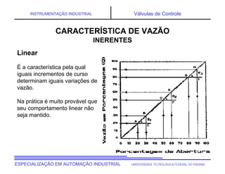 UNIVERSIDADE TECNOLÓGICA FEDERAL DO PARANÁ
ESPECIALIZAÇÃO EM AUTOMAÇÃO INDUSTRIAL
INSTRUMENTAÇÃO INDUSTRIAL Válvulas de Controle
Linear
É a característica pela qual
iguais incrementos de curso
determinam iguais variações de
vazão.
Na prática é muito provável que
seu comportamento linear não
seja mantido.
CARACTERÍSTICA DE VAZÃO
INERENTES
 