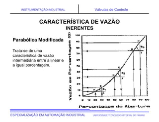 UNIVERSIDADE TECNOLÓGICA FEDERAL DO PARANÁ
ESPECIALIZAÇÃO EM AUTOMAÇÃO INDUSTRIAL
INSTRUMENTAÇÃO INDUSTRIAL Válvulas de Controle
Trata-se de uma
característica de vazão
intermediária entre a linear e
a igual porcentagem.
CARACTERÍSTICA DE VAZÃO
INERENTES
Parabólica Modificada
 