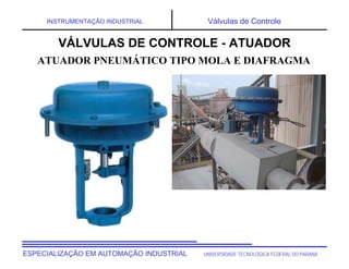 UNIVERSIDADE TECNOLÓGICA FEDERAL DO PARANÁ
ESPECIALIZAÇÃO EM AUTOMAÇÃO INDUSTRIAL
INSTRUMENTAÇÃO INDUSTRIAL Válvulas de Controle
VÁLVULAS DE CONTROLE - ATUADOR
ATUADOR PNEUMÁTICO TIPO MOLA E DIAFRAGMA
 