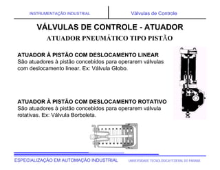 UNIVERSIDADE TECNOLÓGICA FEDERAL DO PARANÁ
ESPECIALIZAÇÃO EM AUTOMAÇÃO INDUSTRIAL
INSTRUMENTAÇÃO INDUSTRIAL Válvulas de Controle
ATUADOR À PISTÃO COM DESLOCAMENTO LINEAR
São atuadores à pistão concebidos para operarem válvulas
com deslocamento linear. Ex: Válvula Globo.
ATUADOR À PISTÃO COM DESLOCAMENTO ROTATIVO
São atuadores à pistão concebidos para operarem válvula
rotativas. Ex: Válvula Borboleta.
VÁLVULAS DE CONTROLE - ATUADOR
ATUADOR PNEUMÁTICO TIPO PISTÃO
 