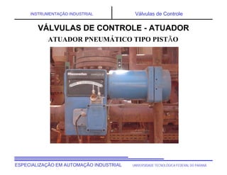 UNIVERSIDADE TECNOLÓGICA FEDERAL DO PARANÁ
ESPECIALIZAÇÃO EM AUTOMAÇÃO INDUSTRIAL
INSTRUMENTAÇÃO INDUSTRIAL Válvulas de Controle
VÁLVULAS DE CONTROLE - ATUADOR
ATUADOR PNEUMÁTICO TIPO PISTÃO
 